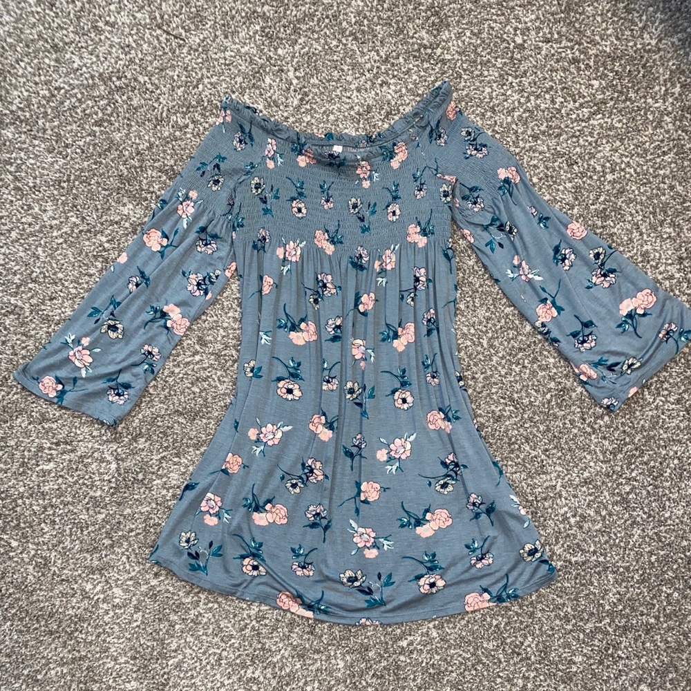 off the shoulder green floral dress